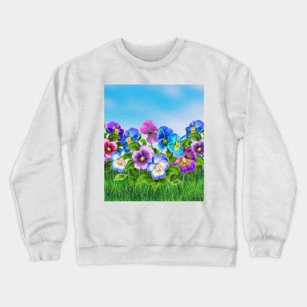 Beautiful Pansy Flowers Violet Viola Tricolor Floral Pattern. Watercolor Hand Drawn Decoration. Spring colorful pansies in bloom garden flowers  blue sky, sunny day landscape. Crewneck Sweatshirt by sofiartmedia